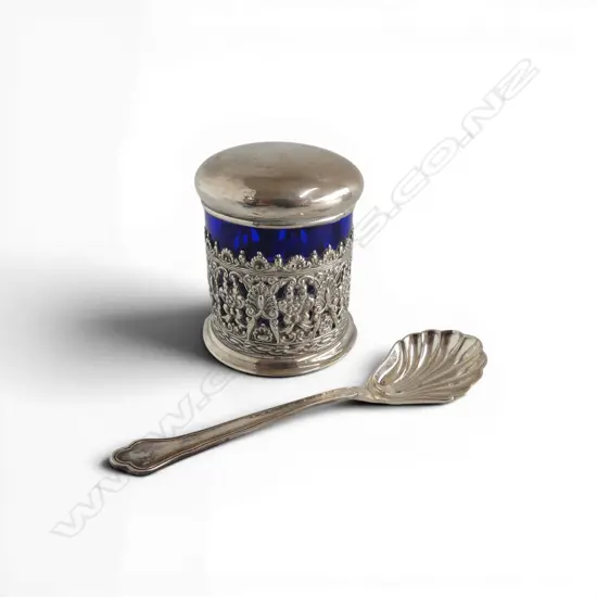 SILVER VANITY BOTTLE w. STG SILVER LID 18gms + STG SILVER SCALLOPED SPOON 26gms