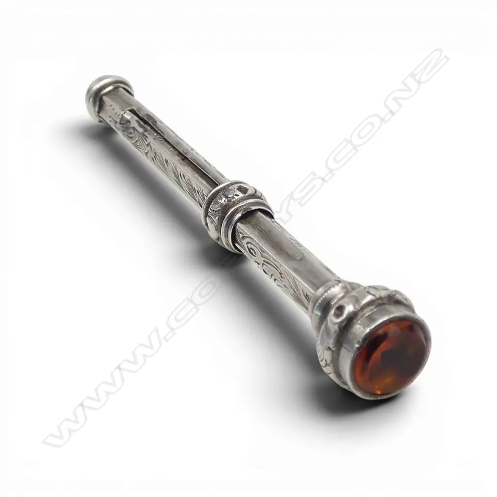 Victorian silver engraved propelling pencil stone set end. Image 1++