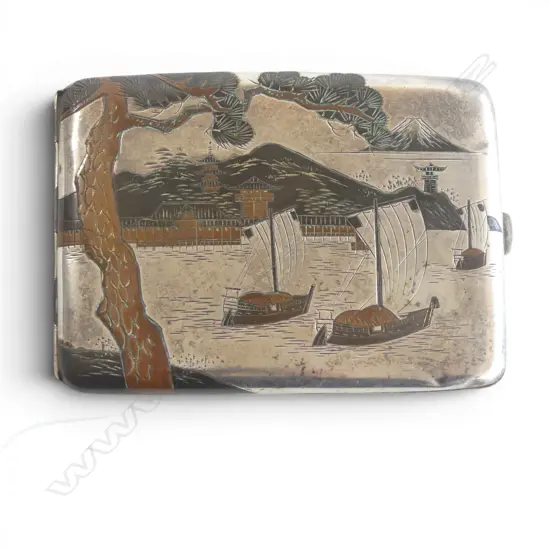 VINTAGE JAPANESE NIELLO STG SILVER CIG. CASE artist signature engraved verso, stamped 950 104gms
