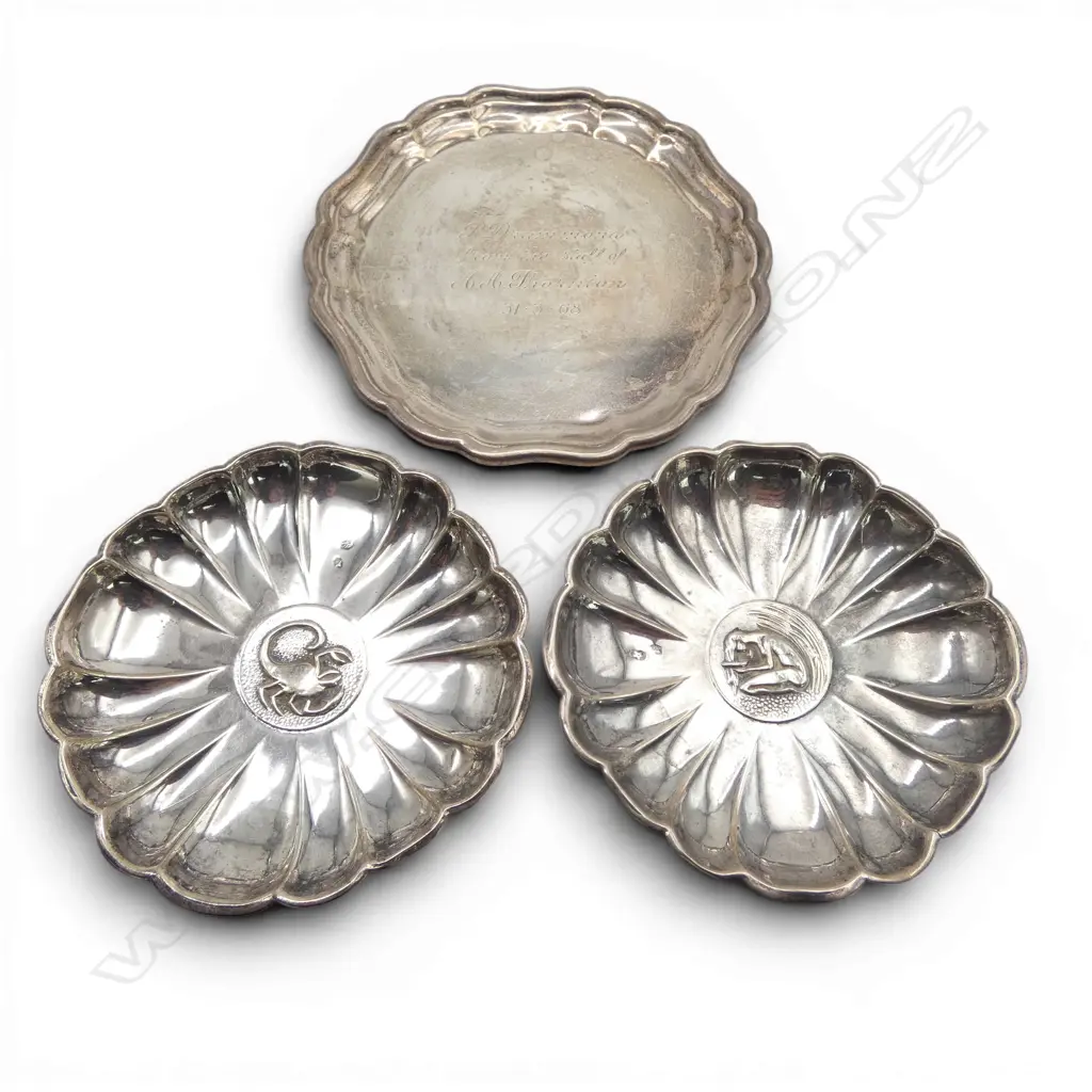 3 small STERLING SILVER TRAYS: Pr Zodiac emblemed + Pie crust edge. 83.7gms Image 1++