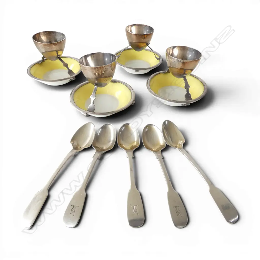 4 JACKSON & GOSLING SILVER PLATE EGG CUPS H.80mm + 5 STG SILVER EGGS SPOONS, LONDON 1855 & 1851, 94gms Image 1++