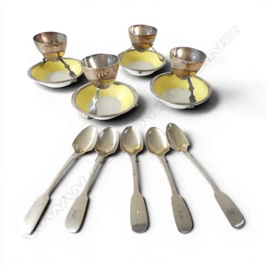 4 JACKSON & GOSLING SILVER PLATE EGG CUPS H.80mm + 5 STG SILVER EGGS SPOONS, LONDON 1855 & 1851, 94gms