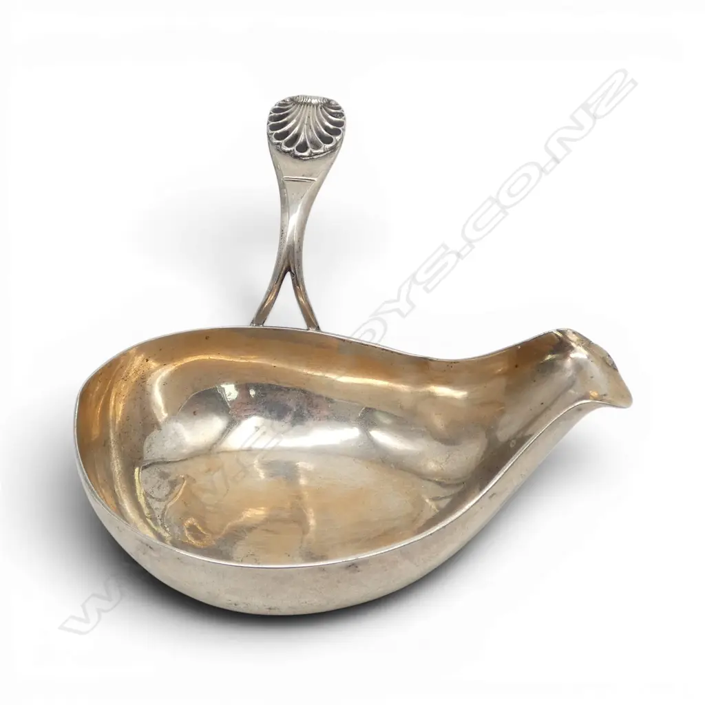 EARLY 19thC UNCOMMON SHELL HANDLE SILVER PAP BOAT 37gms testing 84% slight damage to handle Image 1++
