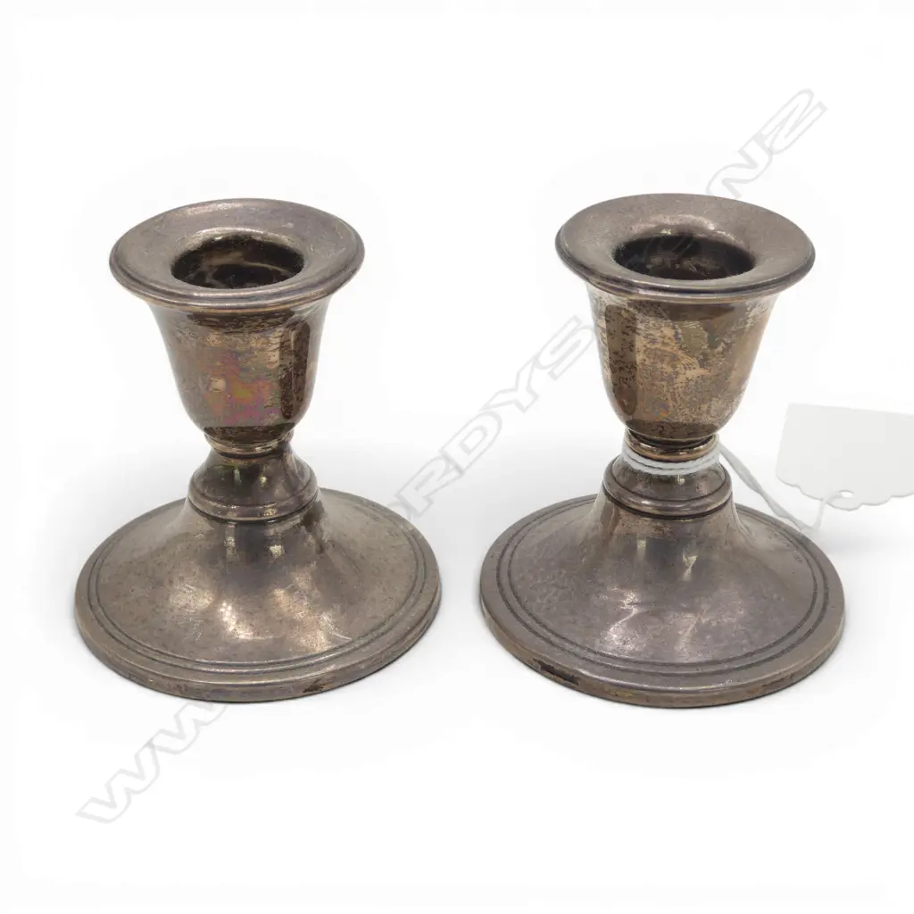 PR SILVER SHORT COLUMN CANDLE STICKS Birmingham 1911. H.58mm. Filled bases Image 1++