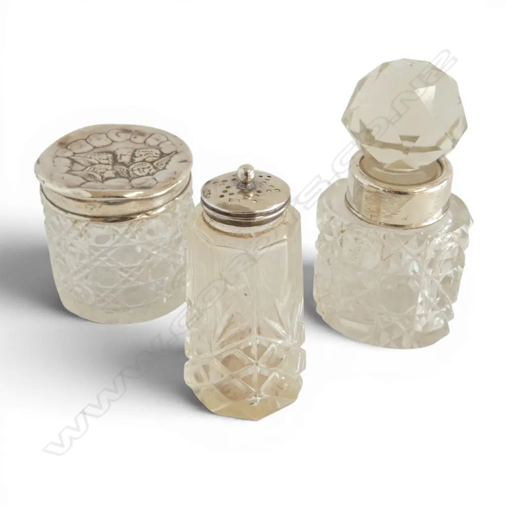 3 STG SILVER LIDDED CRYSTAL CONTAINERS H.95mm FAULTS Image 1++