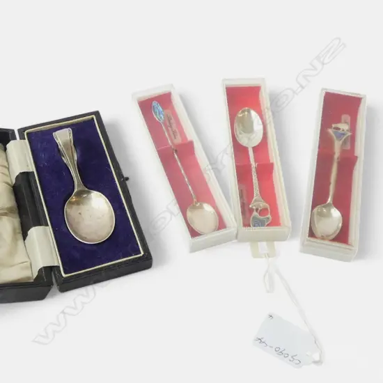 4 STG SILVER SPOONS; CASED B/HAM, 3 N.Z. SOUVENIR SPOONS 45gms spoon weight