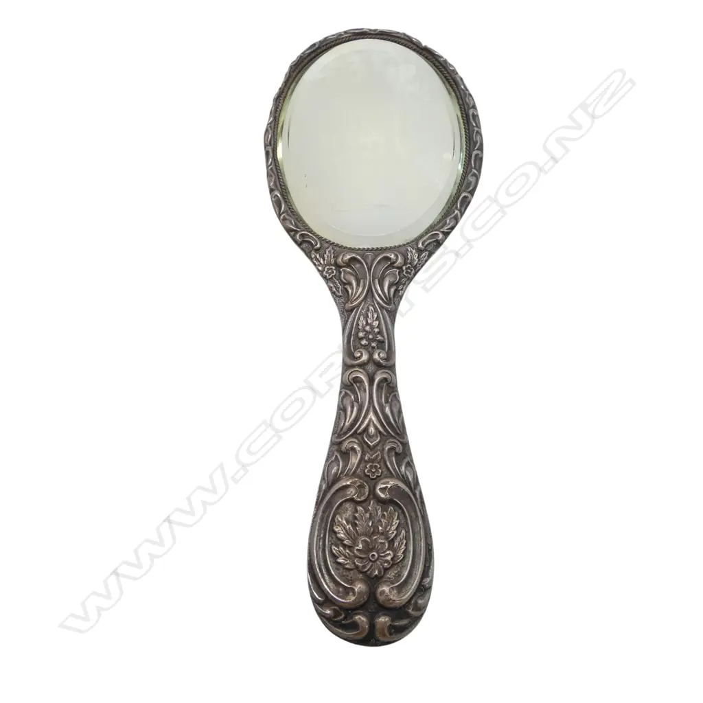 SILVER EMBOSSED HAND MIRROR Birmingham 1904. A few dents. H.250mm Image 1++
