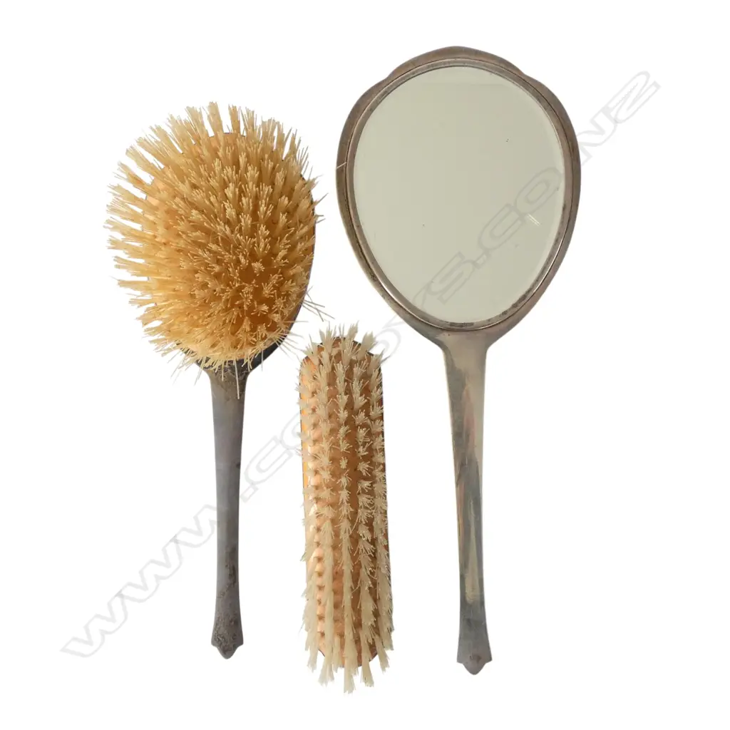 3 PCE STG SILVER DRESSSING SET; HAND MIRROR + 2 BRUSHES, B'HAM 1956 Image 1++