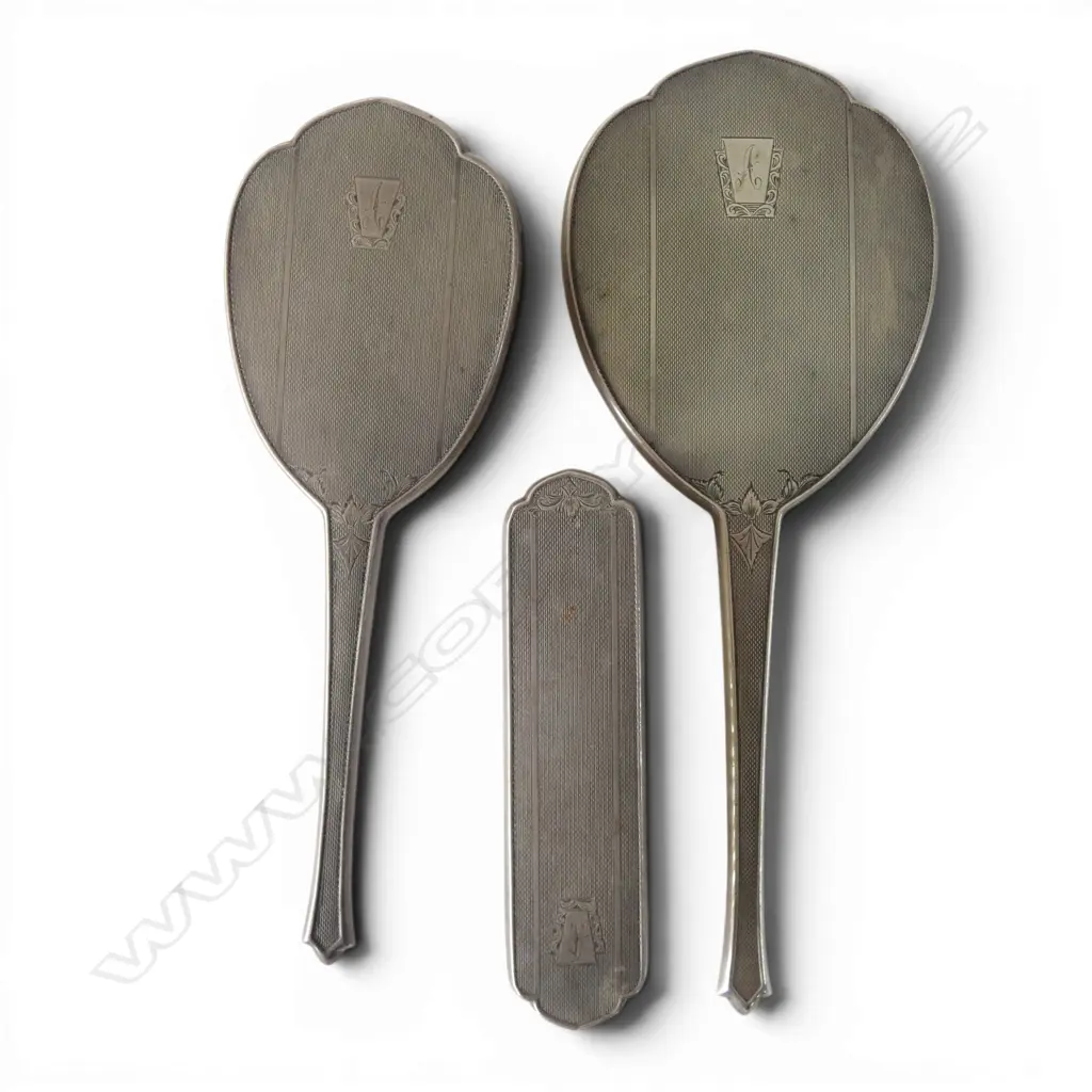 3 PCE STG SILVER DRESSSING SET; HAND MIRROR + 2 BRUSHES, B'HAM 1956 Image 1++