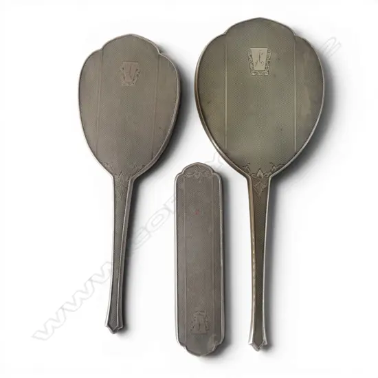 3 PCE STG SILVER DRESSSING SET; HAND MIRROR + 2 BRUSHES, B'HAM 1956