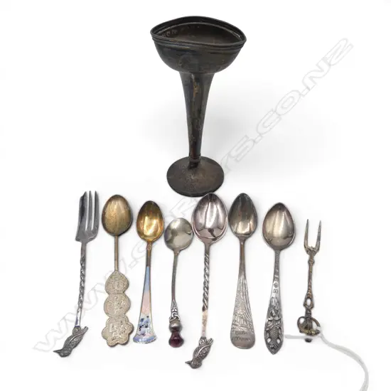 8 STG SILVER TEASPOONS ETC 78gms (SMALL FORK 800) + WEIGHTED VASE H.120mm AF