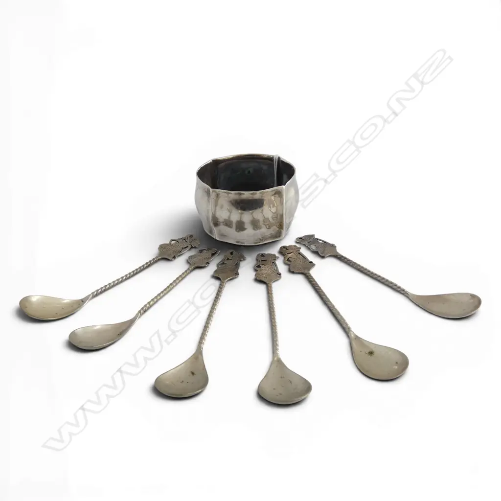 830 SILVER NAPKIN RING 43gms + 6 800 THAI SILVER TEASPOONS 34gms Image 1++
