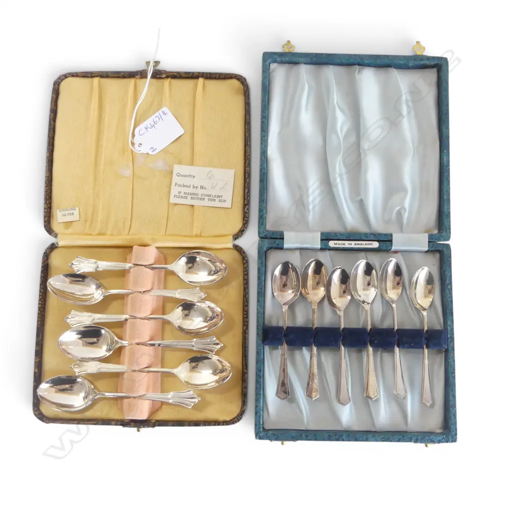 2 CASED SETS OF 6 TEASPOONS, 1 STG SILVER 105gms Image 1++