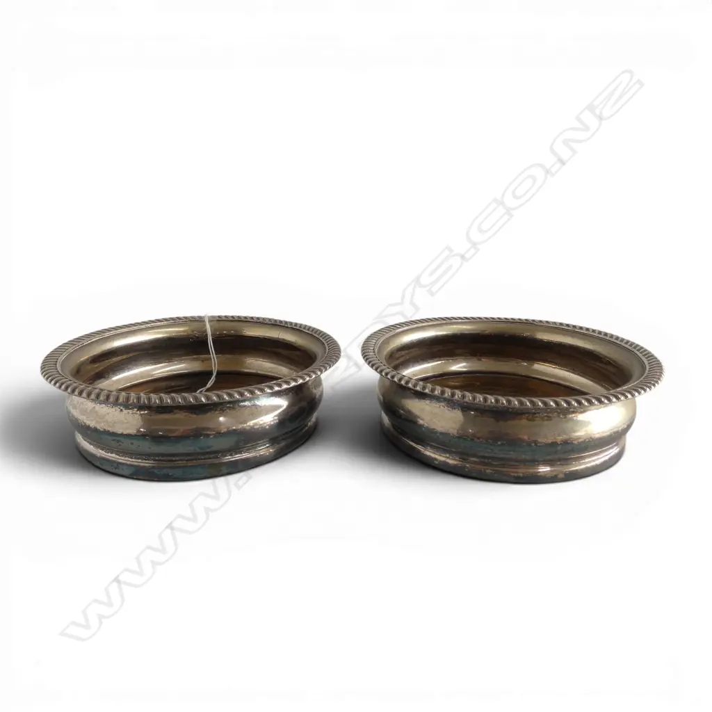 PAIR OF 19thC OLD SHEFFIELD PLATE BOTTLE COASTERS turned wooden bases. Dia.150mm. Image 1++