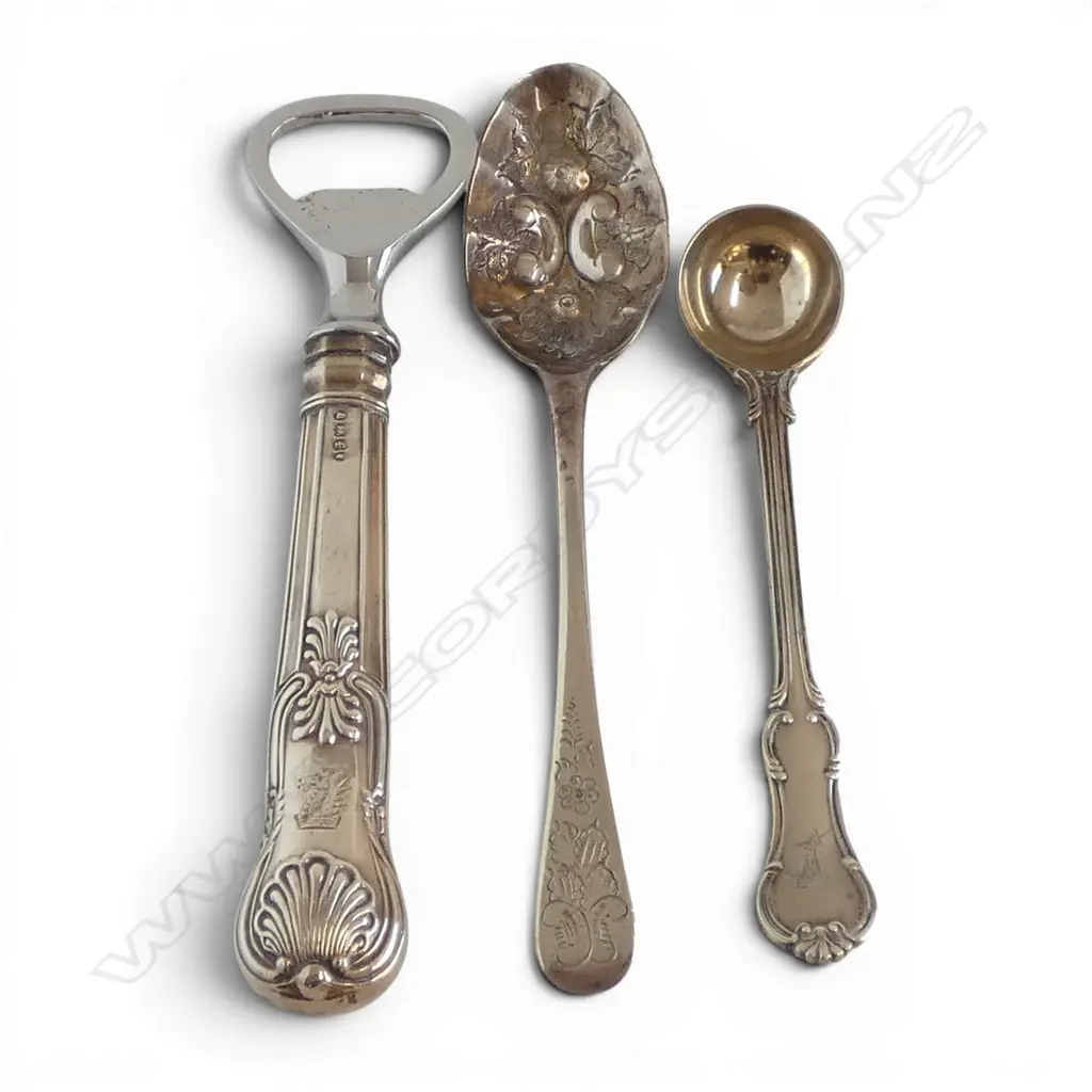 3 PCES STG SILVER CUTLERY; 2 SPOONS 45gms + STG SILVER HANDLED BOTTLE OPENER Image 1++