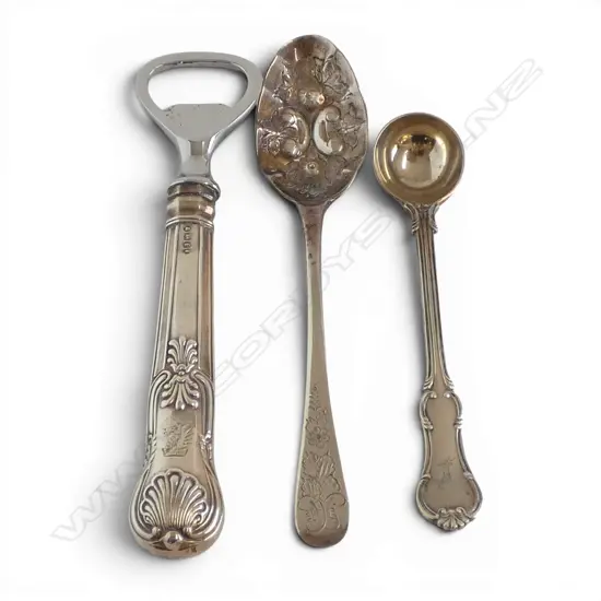 3 PCES STG SILVER CUTLERY; 2 SPOONS 45gms + STG SILVER HANDLED BOTTLE OPENER
