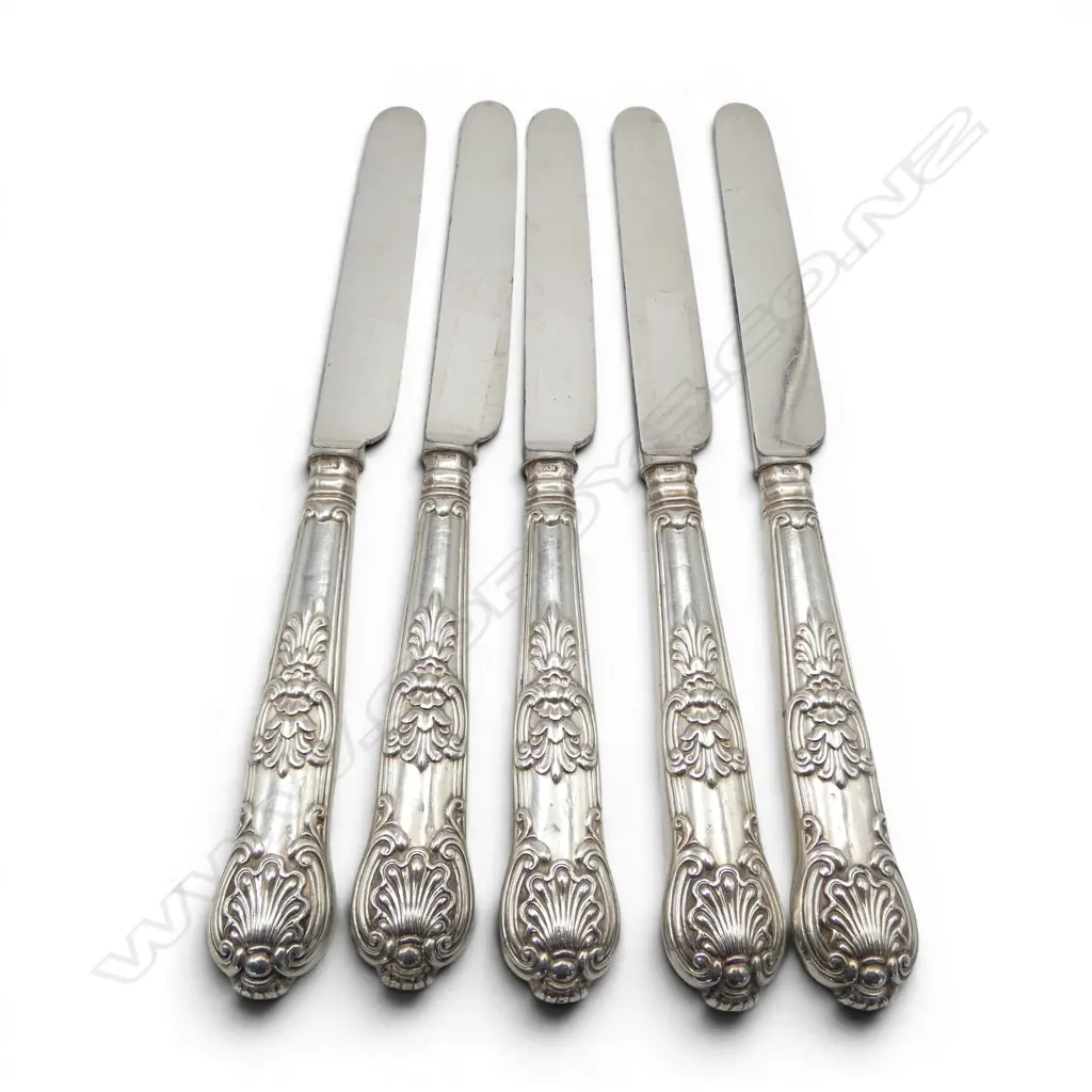 Set of 5 silver King's pattern handled fruit knives with AH.JH plated blades, Image 1++