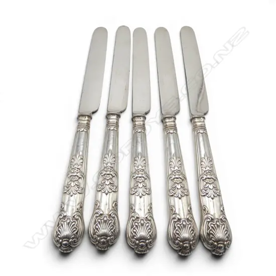 Set of 5 silver King's pattern handled fruit knives with AH.JH plated blades,