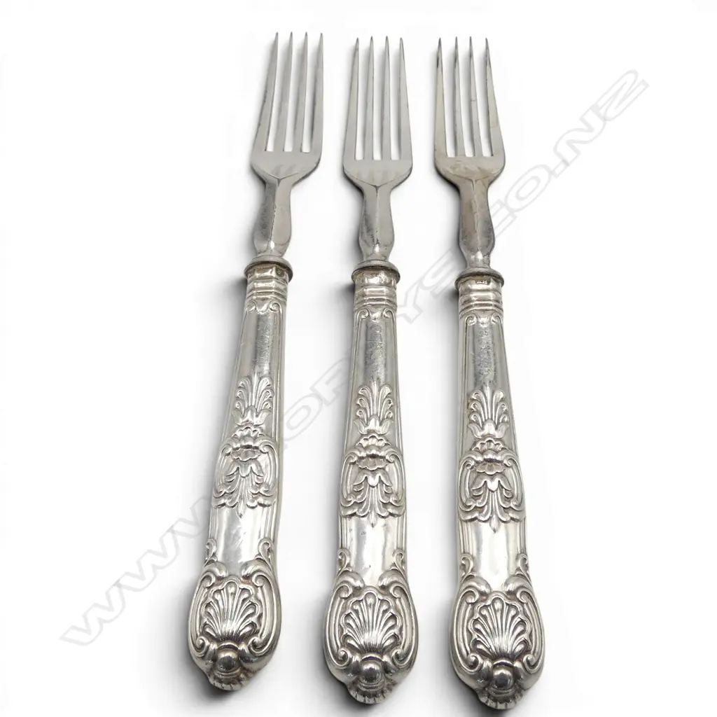 Set of 3 silver King's pattern handled fruit forks plated blades, Image 1++