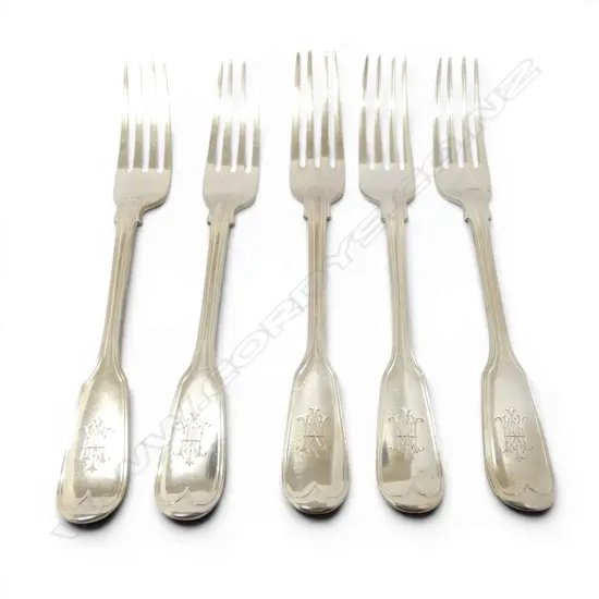 5 STG SILVER TABLE FORKS, GEORGE ADAMS, LONDON MID 19thC L.205mm 454gms