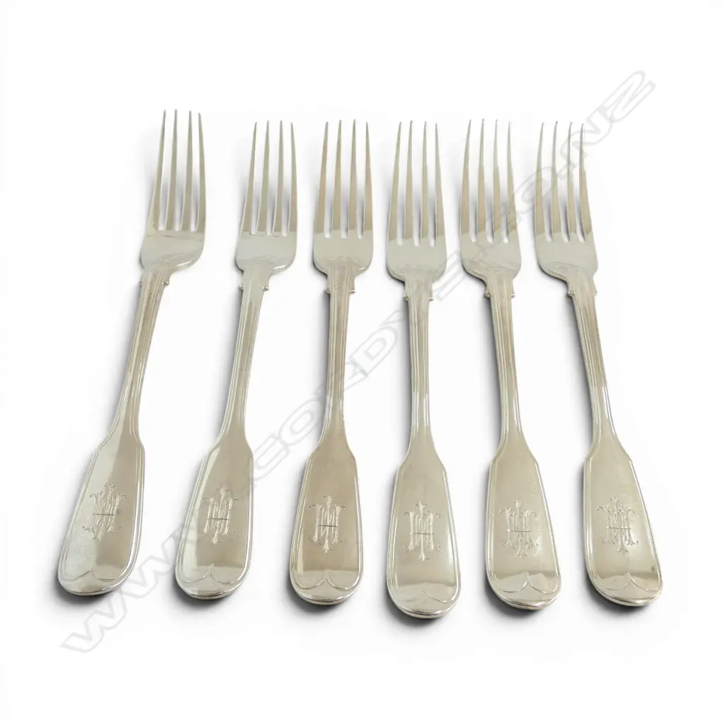 6 STG SILVER TABLE FORKS, GEORGE ADAMS, LONDON 1849 L.205mm 535gms Image 1++