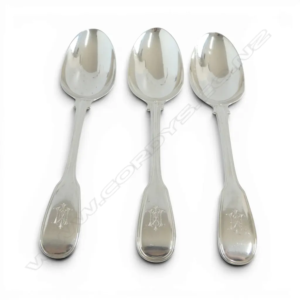 3 STG SILVER TABLE SPOONS, GEORGE ADAMS, LONDON 2x1849, 1x1851 L.220mm 258gms Image 1++