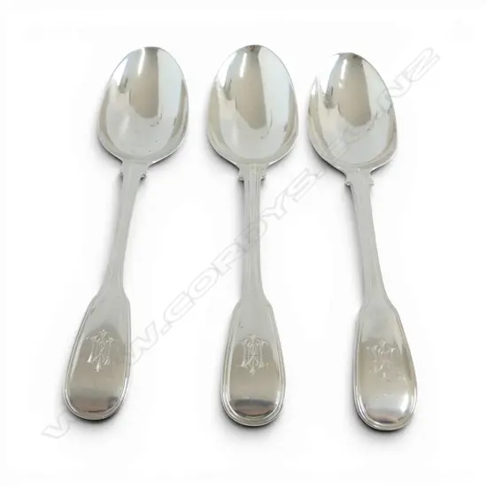 3 STG SILVER TABLE SPOONS, GEORGE ADAMS, LONDON 2x1849, 1x1851 L.220mm 258gms