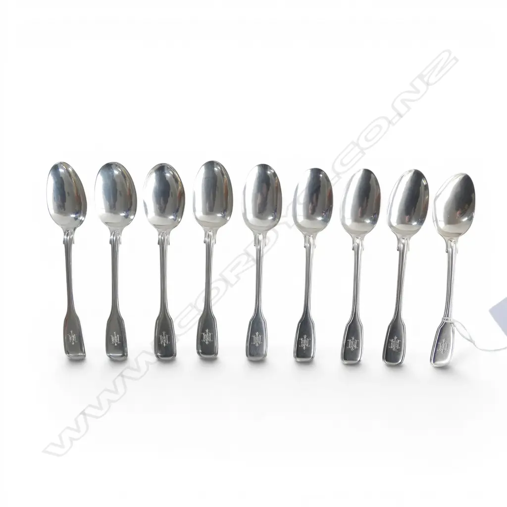 9 STG SILVER TEA SPOONS, GEORGE ADAMS, LONDON 6x1849, 3x1851 L.145mm 242gms Image 1++