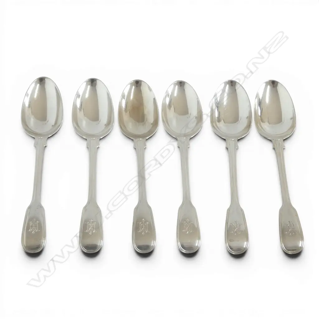 6 STG SILVER DESSERT SPOONS, GEORGE ADAMS, LONDON 1849 L.180mm 333gms Image 1++
