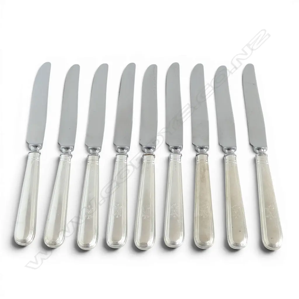 9 KNIVES w. STG SILVER HANDLES, GEORGE HOWSON, SHEFFIELD 1910 L.270mm Image 1++