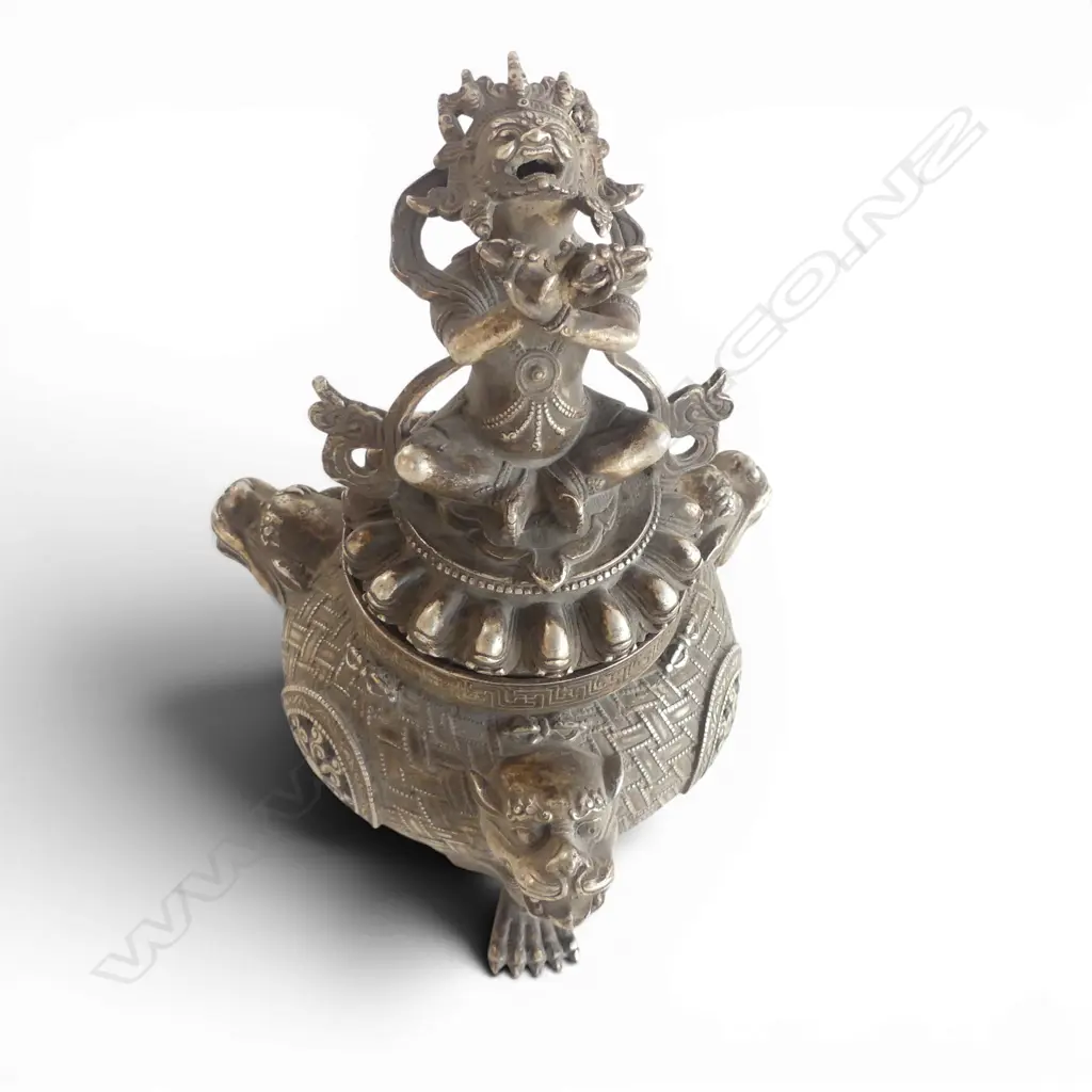 ORIENTAL SILVER METAL LIDDED INCENSE BURNER H.215mm Image 1++