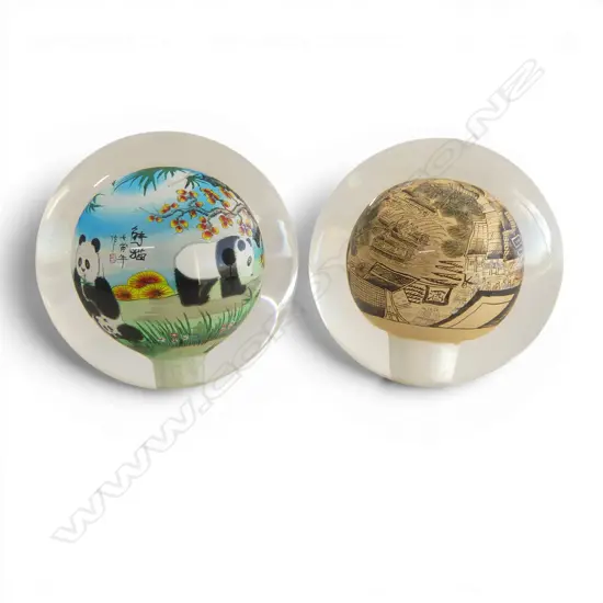 2 CHINESE REVERSE PAINTED GLASS PAPER WIEGHTS H100MM