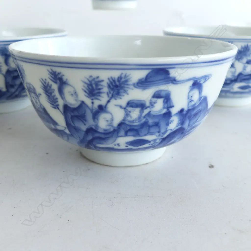 6 CHINESE PORCELAIN QIANLONG MARKED probably later B & W BOWLS with scholars Dia.115mm. Image 1++