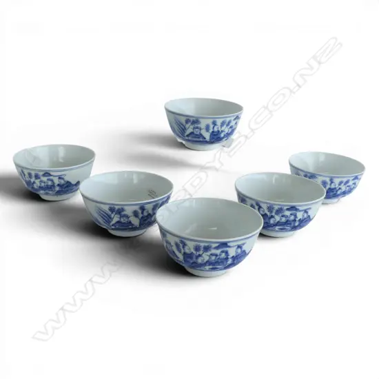 6 CHINESE PORCELAIN QIANLONG MARKED probably later B & W BOWLS with scholars Dia.115mm.