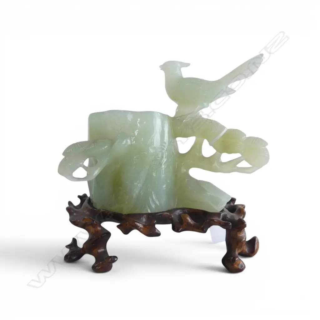 ELEGANT CHINESE PALE GREEN JADE CARVING OF A PINE TRUNK VASE W RAISED BIRD. On sinuous carved stand. H.130mm Image 1++