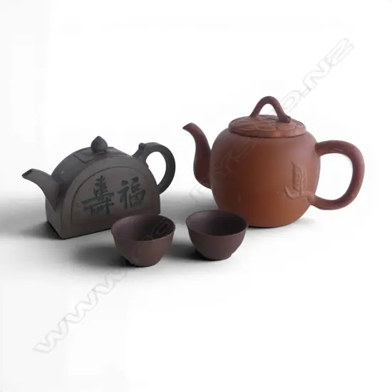 2 CHINESE YIXING WARE TEAPOTS + 2 CUPS