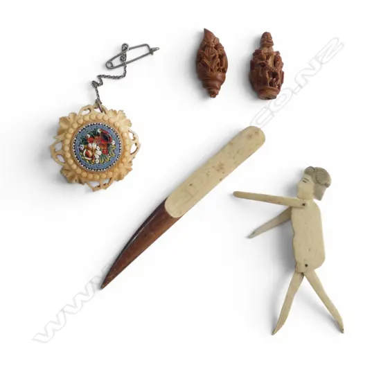CARVED & PAINTED BONE BROOCH, IVORY BOOKMARK, JAPANESE ARTICULATED BONE FIGURE & 2 CARVED PEACH PIPS