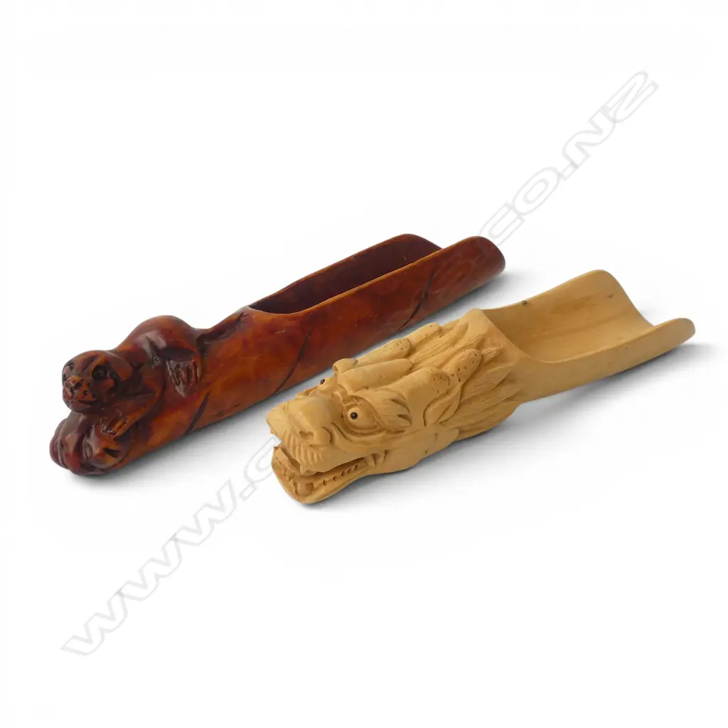 TWO CARVED WOODEN ASIAN TEA SCOOPS Image 1++