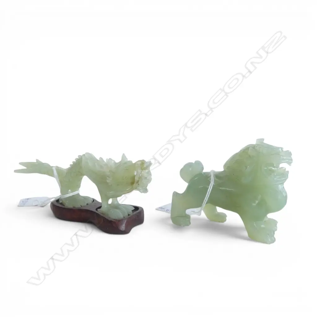 2 CHINESE PALE GREEN SMALL CARVINGS: Dragon on stand. (Minor faults to whiskers) L.135mm + Lion L.80mm. Image 1++