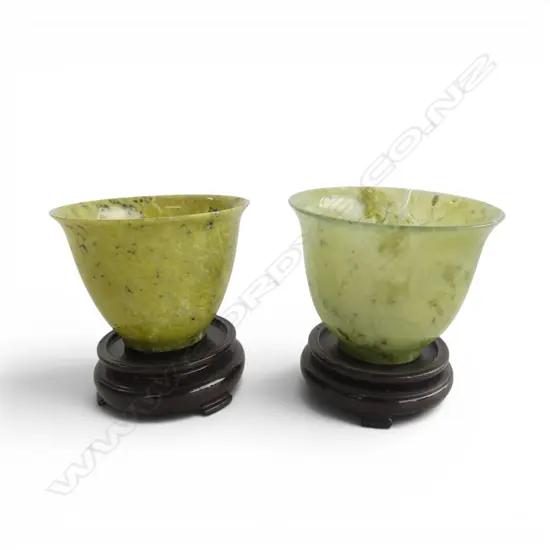 2 small CHINESE SPINACH JADE CUPS ON STANDS. Dia.64mm. 1 w 2 tiny frits