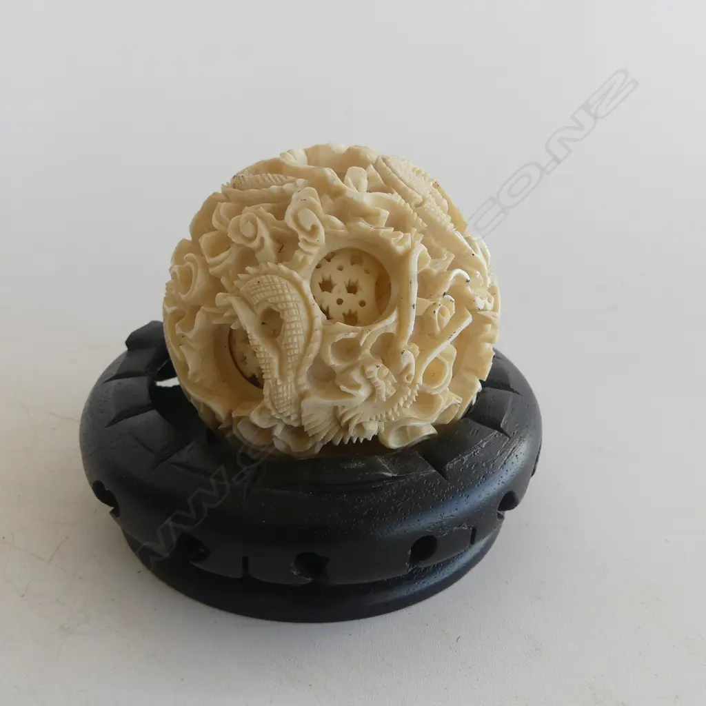 FAUX IVORY PUZZLE BALL 70mm dia ON STAND Image 1++