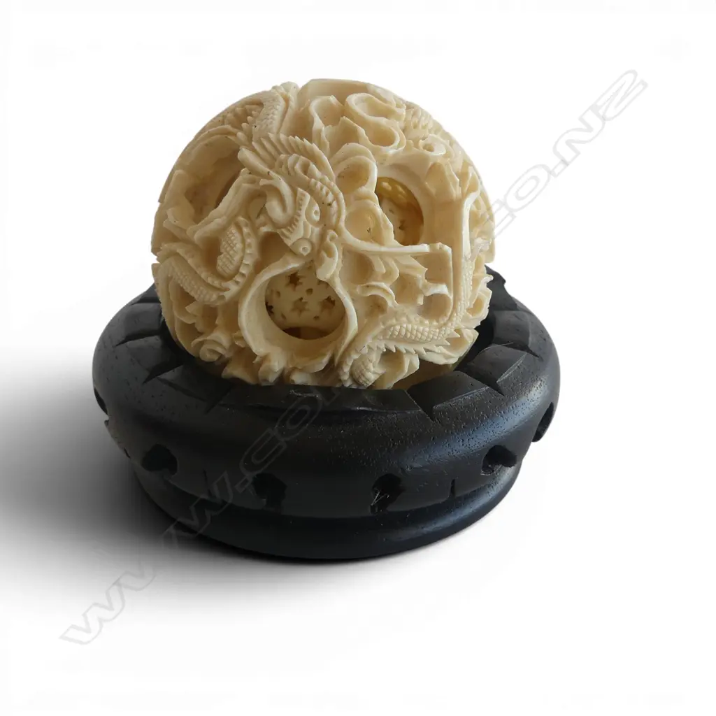 FAUX IVORY PUZZLE BALL 70mm dia ON STAND Image 1++