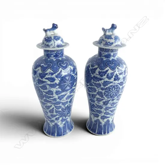 2 CHINESE B/W LIDDED URNS reign marks H.320mm