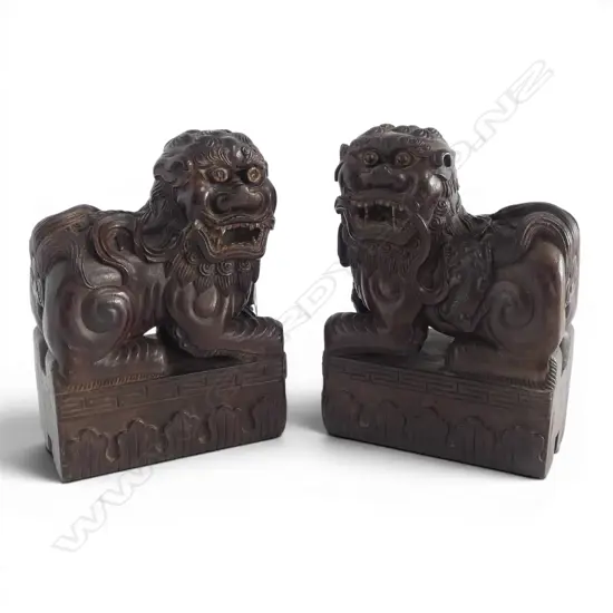 PR OLD ORIENTAL CARVED HARDWOOD FOO DOGS, H.299x159mm, 1 eyes missing