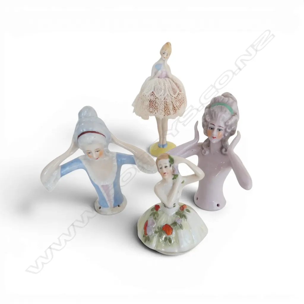 4 PCS VINTAGE PORCELAIN; 3 HALF DOLLS, HALF DOLL PIN CUSHION, H.110mm Image 1++