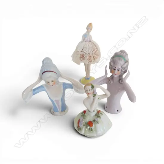 4 PCS VINTAGE PORCELAIN; 3 HALF DOLLS, HALF DOLL PIN CUSHION, H.110mm