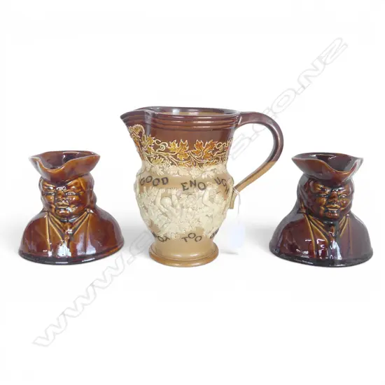 2 CROWN LYNN TOBY JUGS H.130mm + DOULTON STONEWARE JUG H.180mm