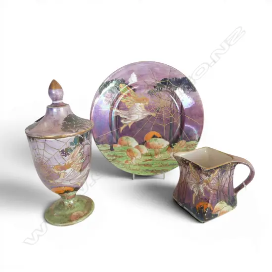 3 PCS GRIMWADES FAIRY LUSTRE WARE, DINNER PLATE, MILK JUG & LIDDED CHALICE, H.230mm, urn lid repaired