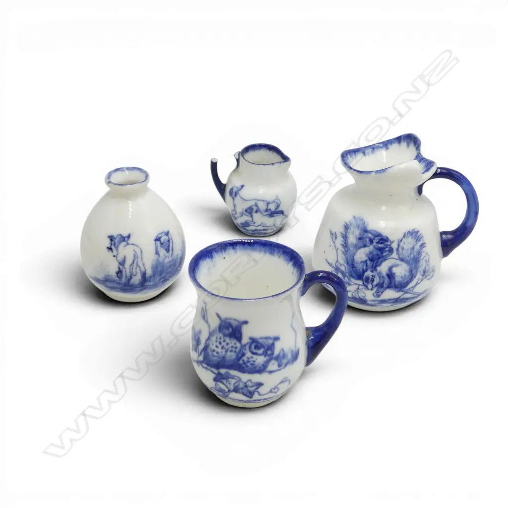 4 ROYAL DOULTON BLUE FLAMBE MINIATURES; squirrel, owl & lambs, H.40-60mm, 1 handle broken Image 1++