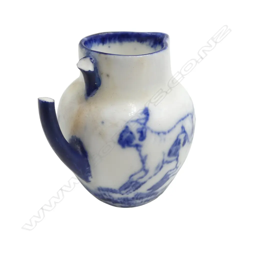 4 ROYAL DOULTON BLUE FLAMBE MINIATURES; squirrel, owl & lambs, H.40-60mm, 1 handle broken Image 1++